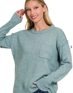 ZENANA Damen Pullover Melange Strick High-Low Saum Langarm türkisblau - Größe S - Bild 1 von 7