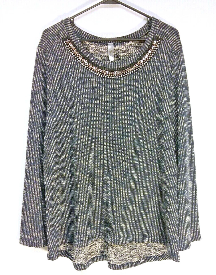 Suéter Pullover Tua Plus Talla 3X Gris Cuentas Cuello Joya Negro Crema Mármol Foto 1 de 4