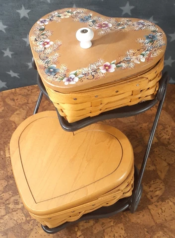 Longaberger 2000 Love Baskets with all inserts, Lids, Metal Heart Stand SIGNED Cover