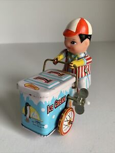 Vintage Retro Tin Litho Wind-Up Ice Cream Bicycle Man- Works with Key