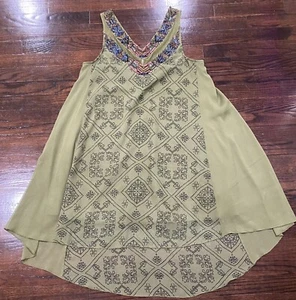 Free People Sleeveless Beaded V-Neck Dress Swing Women's M Olive Floral - Picture 1 of 6