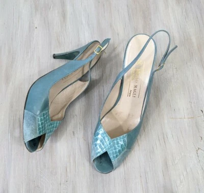 Teal PeepToe Heels Size 8.5 AAA Vintage Bruno Magli vtg peep toes leather 8 1/2 - Image 1 of 4
