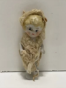 Antique 1920’s Bisque Kewpie Bride Doll Tambour Wedding Dress~Veil Flowers - Picture 1 of 5
