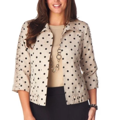 Christopher & Banks Tan Black Polka Dot Open Front Pleated Blazer Coat Jacket S - Image 1 of 4