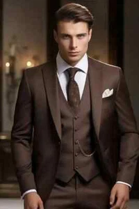 Men's Coffee Brown Three-Piece Suit-Elegant & Timeless Formal Wear for Occasion - Picture 1 of 6
