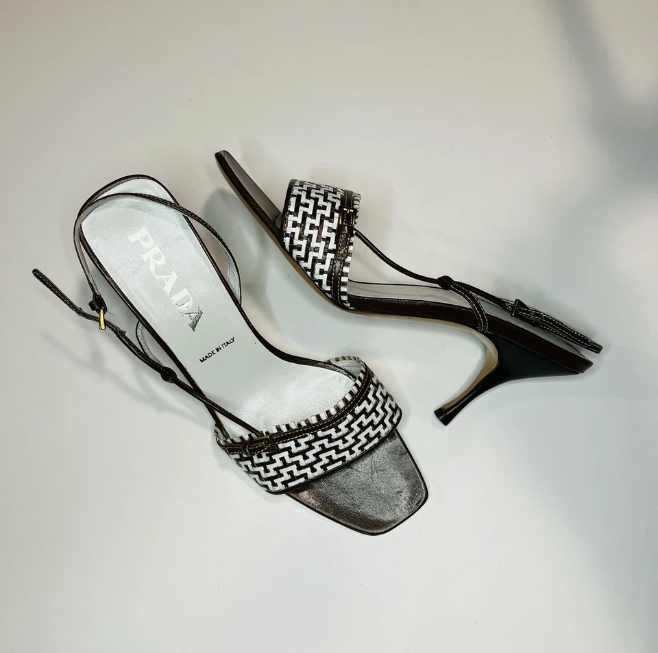 Hermosos tacones al tobillo de dominó tejidos auténticos de Prada para mujer talla 38,5 Foto 1 de 4