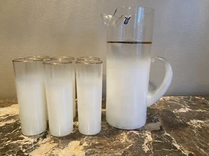 West Virginia Glass Company Blendo Frosted White Gold Pitcher 6 Glases New HTF - Picture 1 of 11