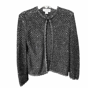 Vintage St John Evening Black & Silver Crochet with Sequins Sweater Size Small - Picture 1 of 12