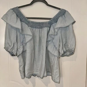 SEED HERITAGE Womens Size 10 Light Blue Off Shoulder Stretch Denim Blouse EUC - Picture 1 of 3