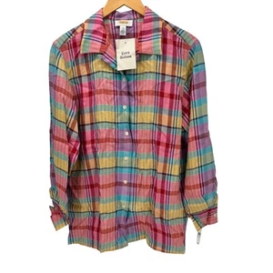 Talbots Linen Shirt Womens 10 Button Up Colorful Plaid Vintage USA Deadstock - Picture 1 of 8