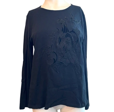 Camiseta Lauren Ralph Lauren Mujer Grande Negra Cuentas Pavo Real Terciopelo Pájaro Foto 1 de 4