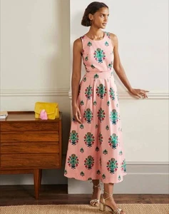Boden Elsa Back Detail Midi Dress Bouquet Stamp Pockets Women's Size 14 - Picture 1 of 11