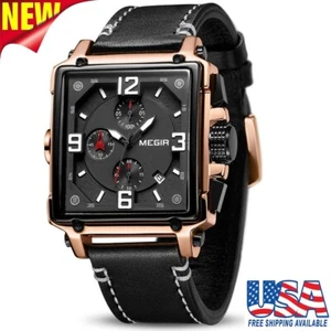 MEGIR Men's Watches Chronograph Luminous Quartz Leather Strap Square Wristwatch - Picture 1 of 10