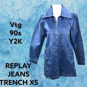 Replay Jeans Womens Blue Rain Trench Jacket Vtg 90s Y2K XS X-Small - Picture 1 of 12
