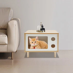 TV-shaped Cat Bed (50 cm* 29 cm* 40cm) 2-in-1 Solid Wood Cat Bed Bedside Table - Picture 1 of 13