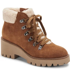 NIB Blondo Devin Lace-Up Faux-Fur Waterproof Suede Bootie/Side Zip US 7.5 Camel - Picture 1 of 18