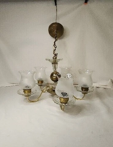 Chandelier 5 Light Harmony House Art Deco Brass Glass Ruffle Shades 20" Vintage Cover