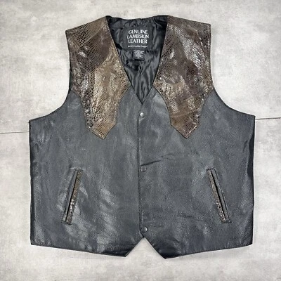 vtg lambskin leather faux skin vest mens 2xl black biker western motorcycle - Image 1 of 4