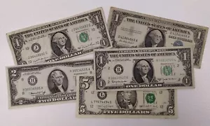 1963 B one dollar note 1988 $5 bill 1976 two dollar banknote 1957 $1 1981 - Picture 1 of 14