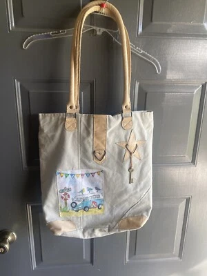 Vintage Addiction Canvas/Leather  Tote Bag  - Live a COLORFUL Life~light blue - Image 1 of 4