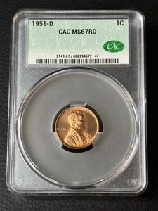 1951-D Lincoln Wheat Cent CACG MS67 RD - Picture 1 of 6