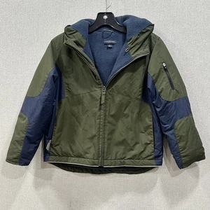 Lands’ End Kids Hooded Winter Jacket Coat Size S 7 Green Navy Fleece Lined - Picture 1 of 7