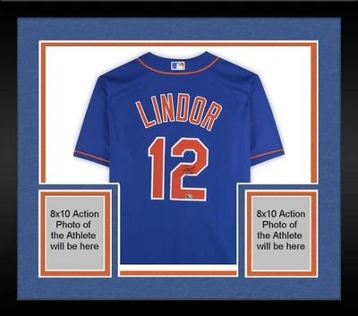 Camiseta deportiva Nike azul autografiada por Francisco Lindor de los New York Mets enmarcada réplica Foto 1 de 4