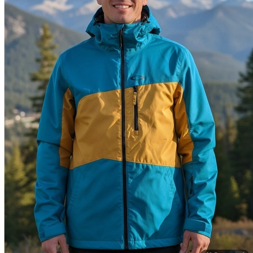 Jaqueta de esqui Oakley snowboard azul-petróleo bloco dourado zíper completo com capuz masculina G - Imagem 1 de 4