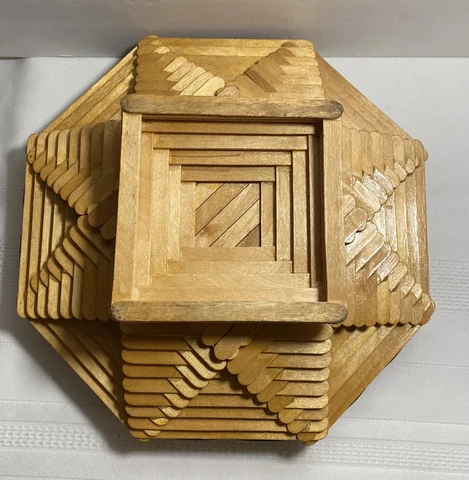 Vintage Primitive Tramp Folk Art Popsicle Stick Footed Bowl Dish Octagonal Cover