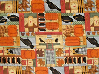 Fall Quilt Fabric 1 1/4 Yd Leslie Beck Patchwork Crows Pumpkins Scarecrow Autumn - Image 1 of 4