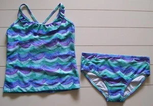 Girls Oshkosh B'Gosh 2 Pc Blue Purple Green Glitter Dot Tankini Swimsuit Sz 10 - Picture 1 of 4
