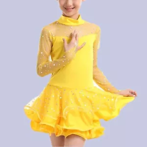 Kids Girl Latin Dance Dress Salsa Dancewear Mesh Sequins Ballroom Ruffle - Picture 1 of 13