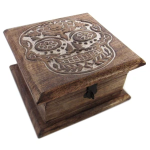 NEW Day of the Dead Carved Wood Box 6" Square Sugar Skull Trinket Chest Handmade - Picture 1 of 4