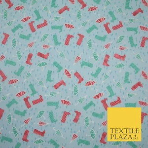 Blue Wellies & Umbrella Rain Printed Poly Cotton Fabric Polycotton Craft 6364 - Picture 1 of 3