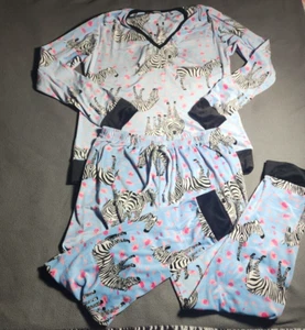Joan Vass Pajama Set Womens XL Blue Zebra Animal Print Pink Flowers 2 Piece - Picture 1 of 21