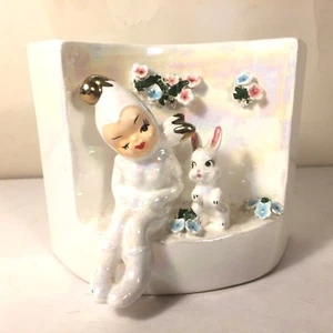 Vtg LEFTON Angel Snowsuit w Easter Bunny & Flowers Iridescent Xmas Planter Vase - Picture 1 of 8