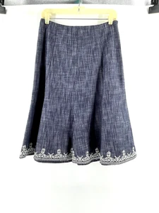 OSCAR DE LA RENTA Gray Denim Look Skirt Embroidered Hem Ruffle A Line Size 4 - Picture 1 of 13