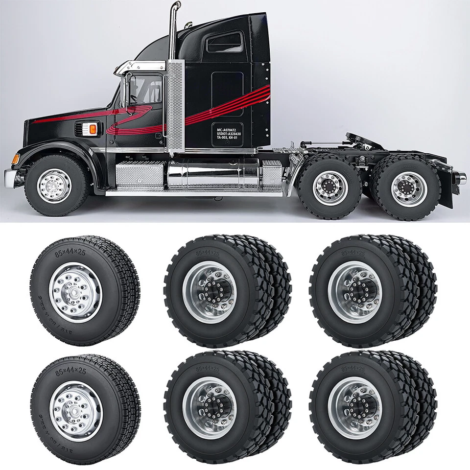 Alloy Front Rear Wheel Rims & Tires for 1/14 Tamiya Trailer Tractor Truck RC Car - Image 1 of 1