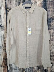 Nautica Shirt Mens M Tan 100% Linen Long Sleeve Button Front Breathable Light