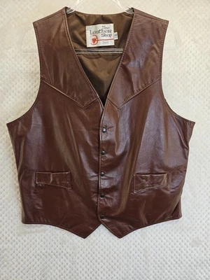 THE LEATHER SHOP SEARS Brown Vest Snaps Pockets Lined 44 Tall VTG Barely Used - Image 1 of 4