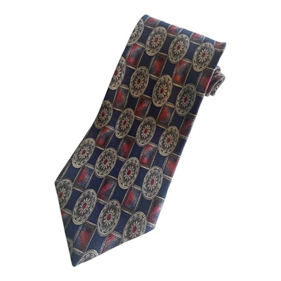 Gitman Brothers 真丝领带蓝色宽几何花卉 Foulard 手工制作 美国制造 — 第 1/4 张图片