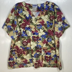Blusa Médica Mujer Talla XL Medida Plantas Tropicales Flores Hawaiano Granates Azules - Imagen 1 de 3