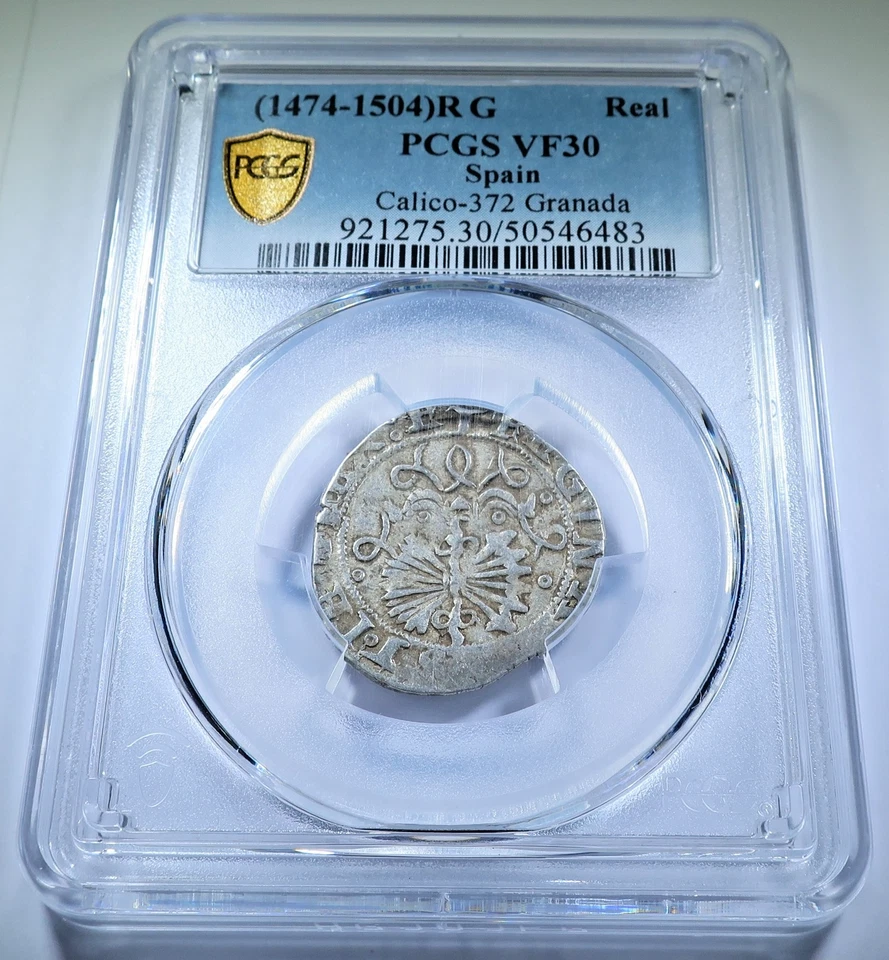 Moneda Antigua Colón Fernando Isabel Española 1 Reales Años 1400-1500 PCGS en estado bastante bueno Foto 1 de 2