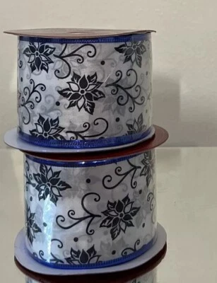 Lot of 2 Christmas Ribbon blue and white 2.5inch x 24 Feet Each Flower - Image 1 of 2