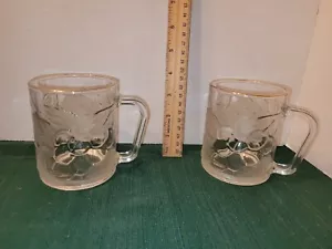 MCM Glass Cup Set Frosted Embossed Mug Gold Trimmed Fruit Design Set of 2 - Picture 1 of 5