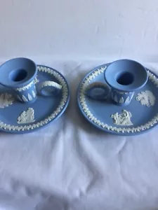 Juego de 2 candelabros vintage de jaspe azul Wedgwood hecho en Inglaterra - Imagen 1 de 20