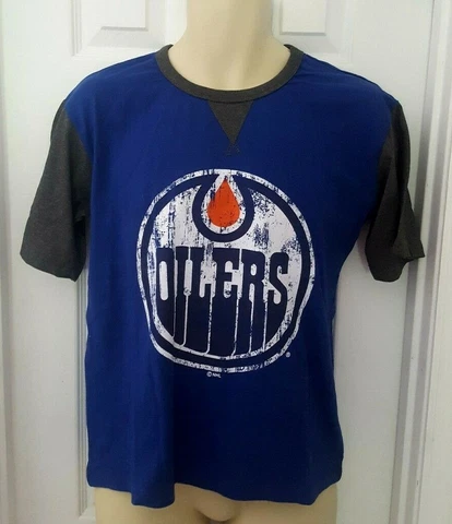 EDMONTON OILERS Youth T Shirt Size Large Jersey Style Distressed Logo Majestic Cover
