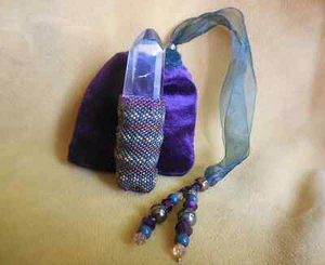 Quartz Crystal Point Beaded Wand in Purple Bronze Forest Green Honey Reiki Wicca - Picture 1 of 7