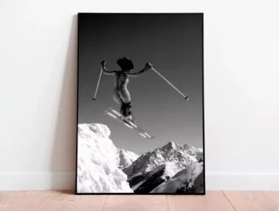 Naked Woman Skiing Print, Black and White, Vintage Ski Poster, Nude Photography, - Image 1 of 4