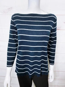 Lauren Ralph Lauren Womens Sweater Size L Blue Striped 3/4 Sleeve Pullover - Picture 1 of 6